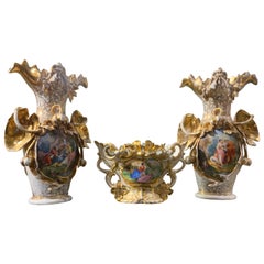Large colorful three piece old Paris mantel and garniture set, 19 th c.