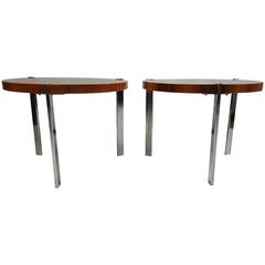 Pair of Modernist Figured Walnut and Chrome Occasional Tables
