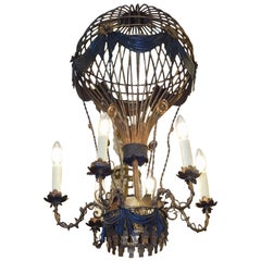 French Whimsical Tin & Gilt Foliage Swag Medallion Balloon Chandelier, C. 1880