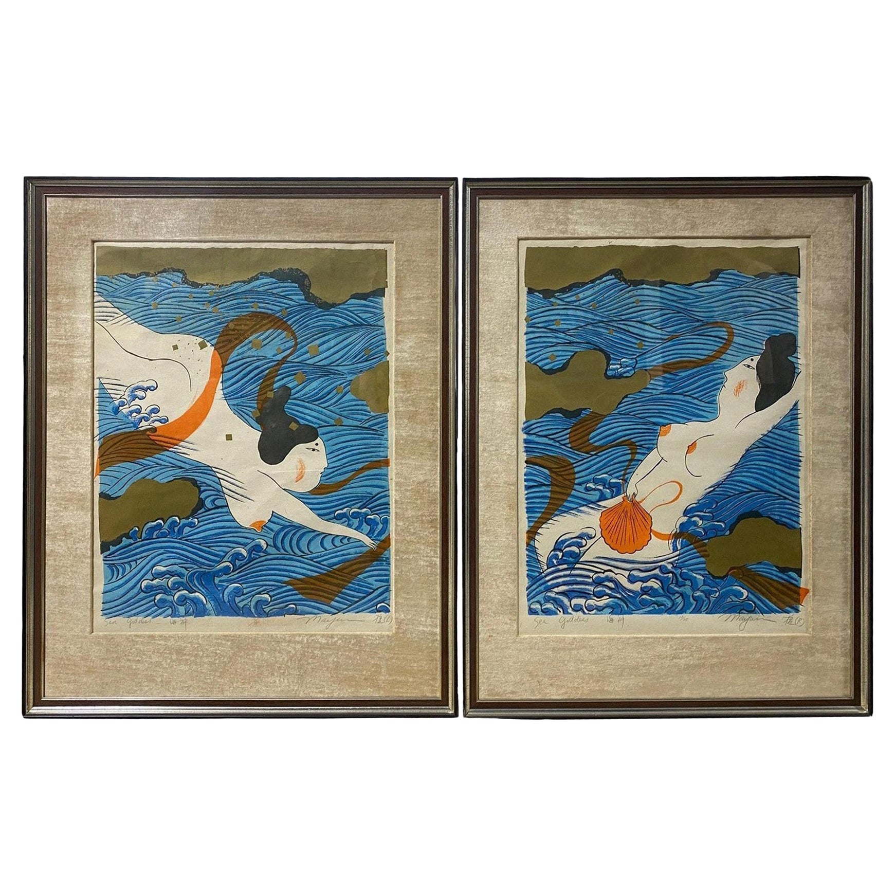Mayumi Oda Firmato Edizione Limitata Serigrafia Giapponese Dyptich Prints Dea del Mare