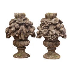 Pair of Vintage French Carved Weathered Outdoor Vases with Fruit Decor