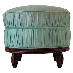 Italian Turquoise Worn Leather Round Pouf with Wood Base, 1960s, Italy