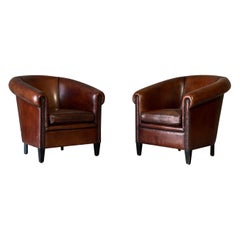 Dutch Sheep’s Leather Club Chairs, a Pair