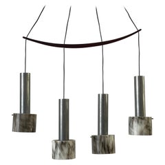 Plexiglass and Metal Four-shade Chandelier with Teak Rod, 1960s, Italy
