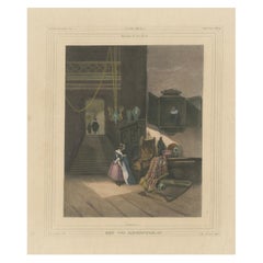 Litografia colorata a mano del 1835: Interno di una residenza di un cavaliere del XVII secolo