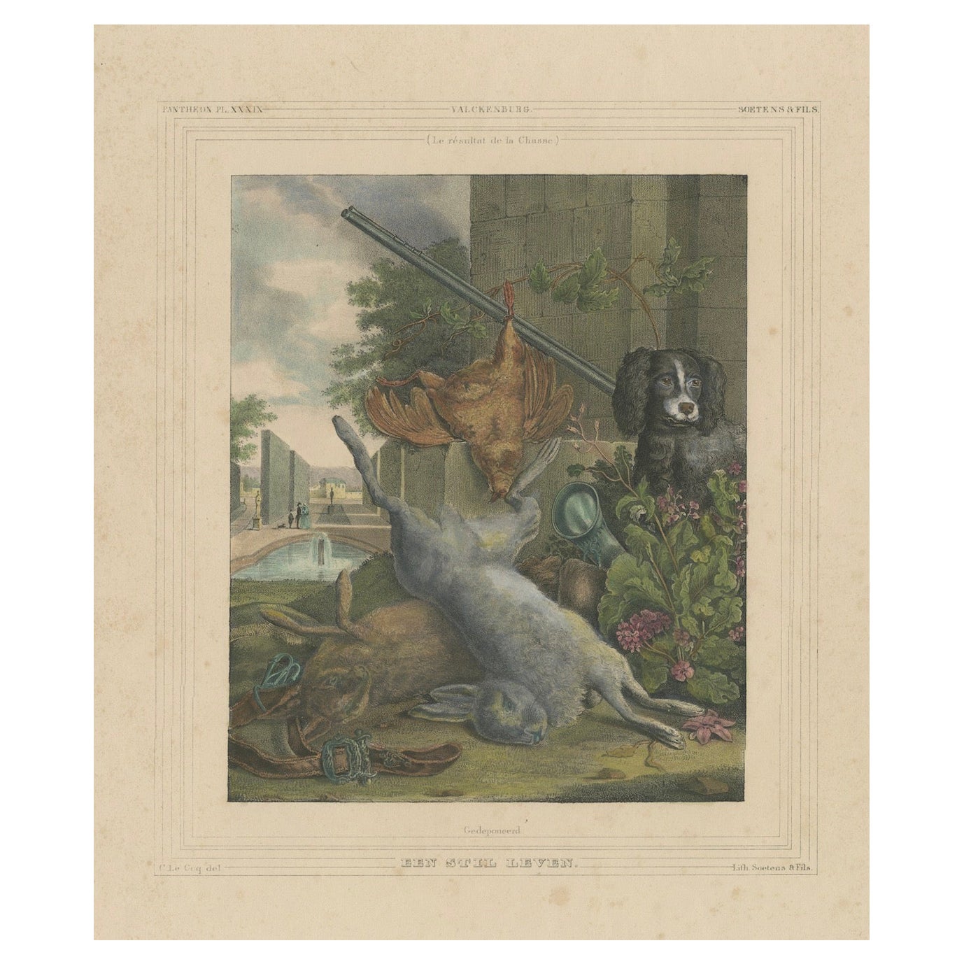 Litografia colorata a mano del 1835: Natura morta di caccia con selvaggina e cane