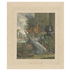 Handkolorierte Lithographie von 1835: Jagd-Stillleben mit Spiel und Hund