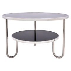 Table basse ronde moderniste, acier tubulaire plaqué chrome, plateaux en verre, Allemagne
