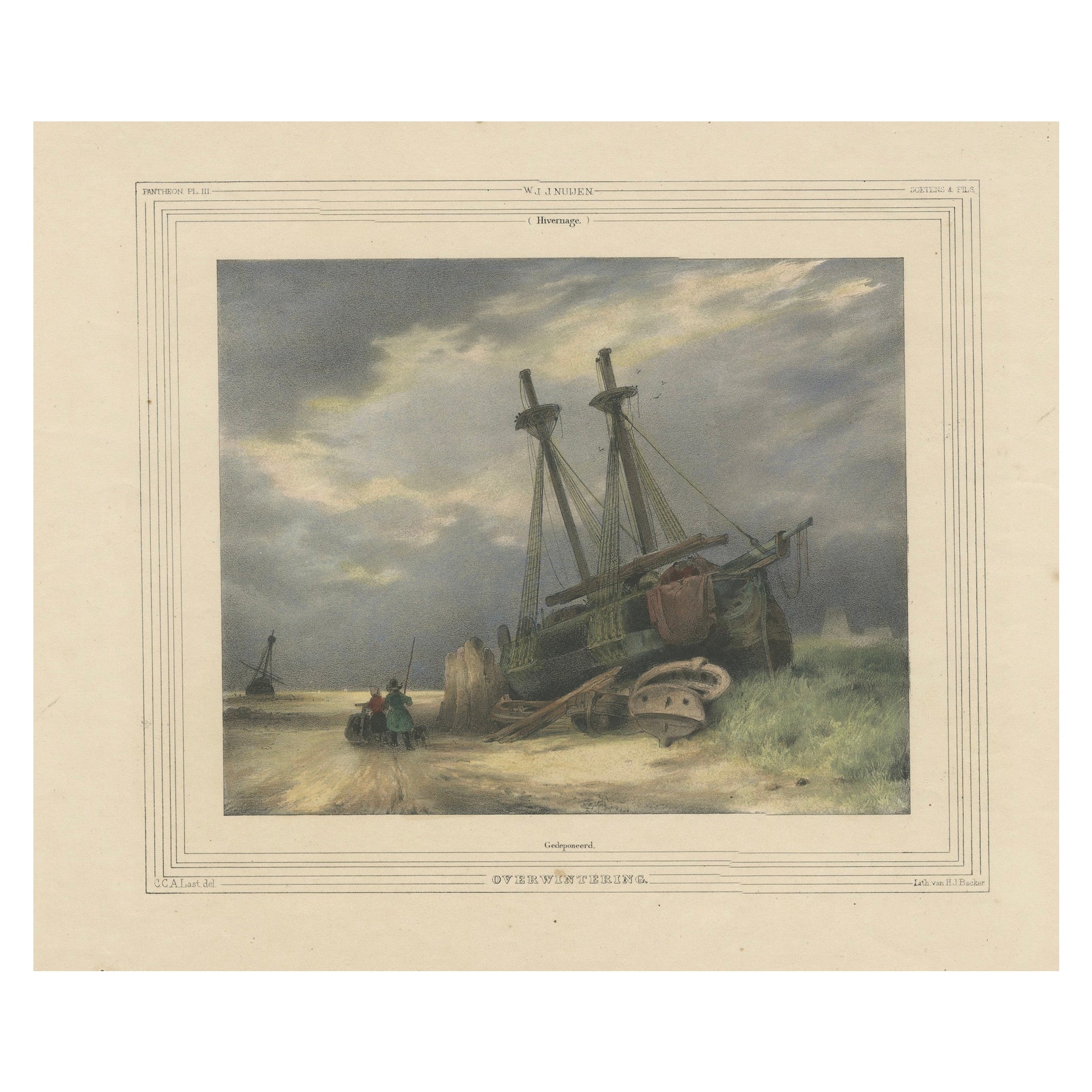 Litografía coloreada a mano de 1835: Barco varado en paisaje invernal