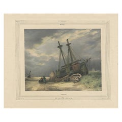 Litografía coloreada a mano de 1835: Barco varado en paisaje invernal