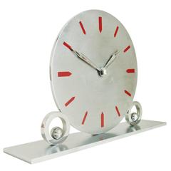 Italian Art Deco or Futurist Chrome Desk Clock with Red Enamel Accents by Veglia