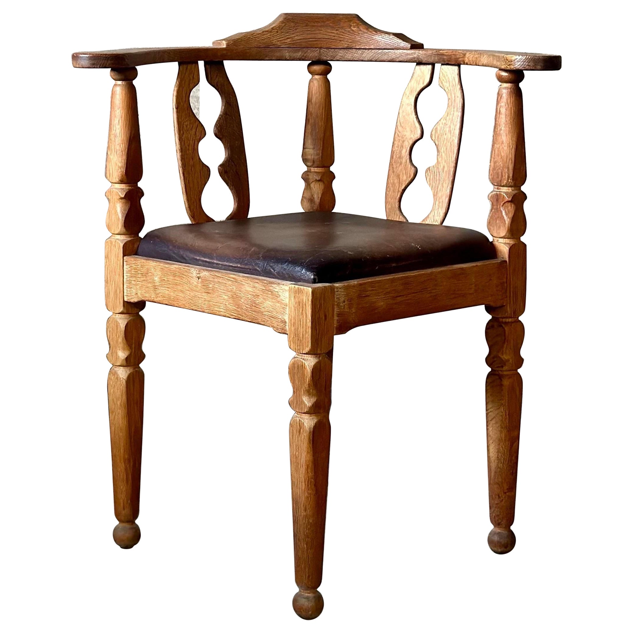 Swedish Oak Corner Chair With Leather Seat