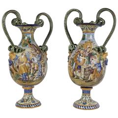 Italian Pair of Large Majolica Vases, Late 19th Century, circa 1880