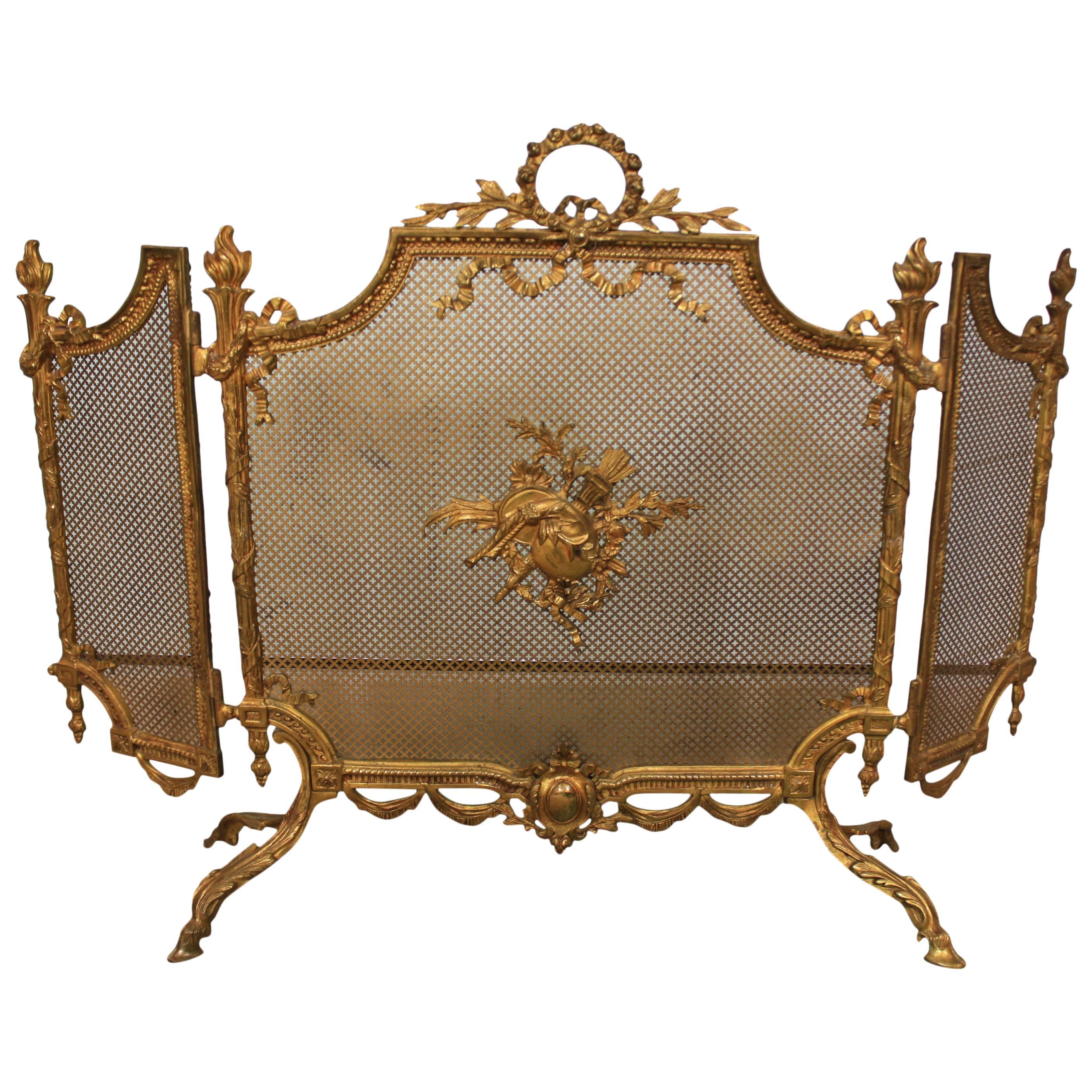 French Louis XVI Style Gilt Bronze Fire Screen