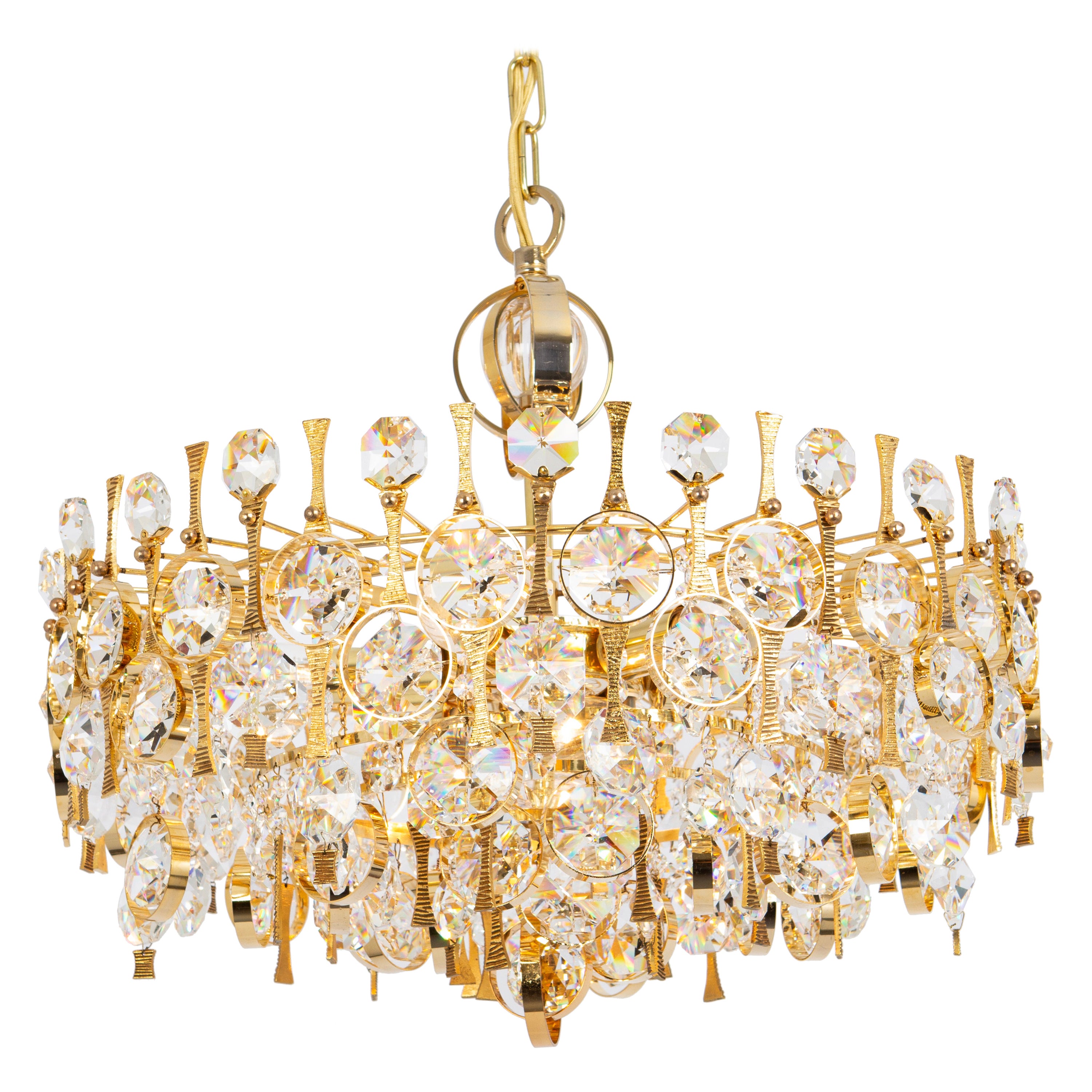 Large Gilt Brass and Crystal Chandelier, by Palwa, Germany, 1970s