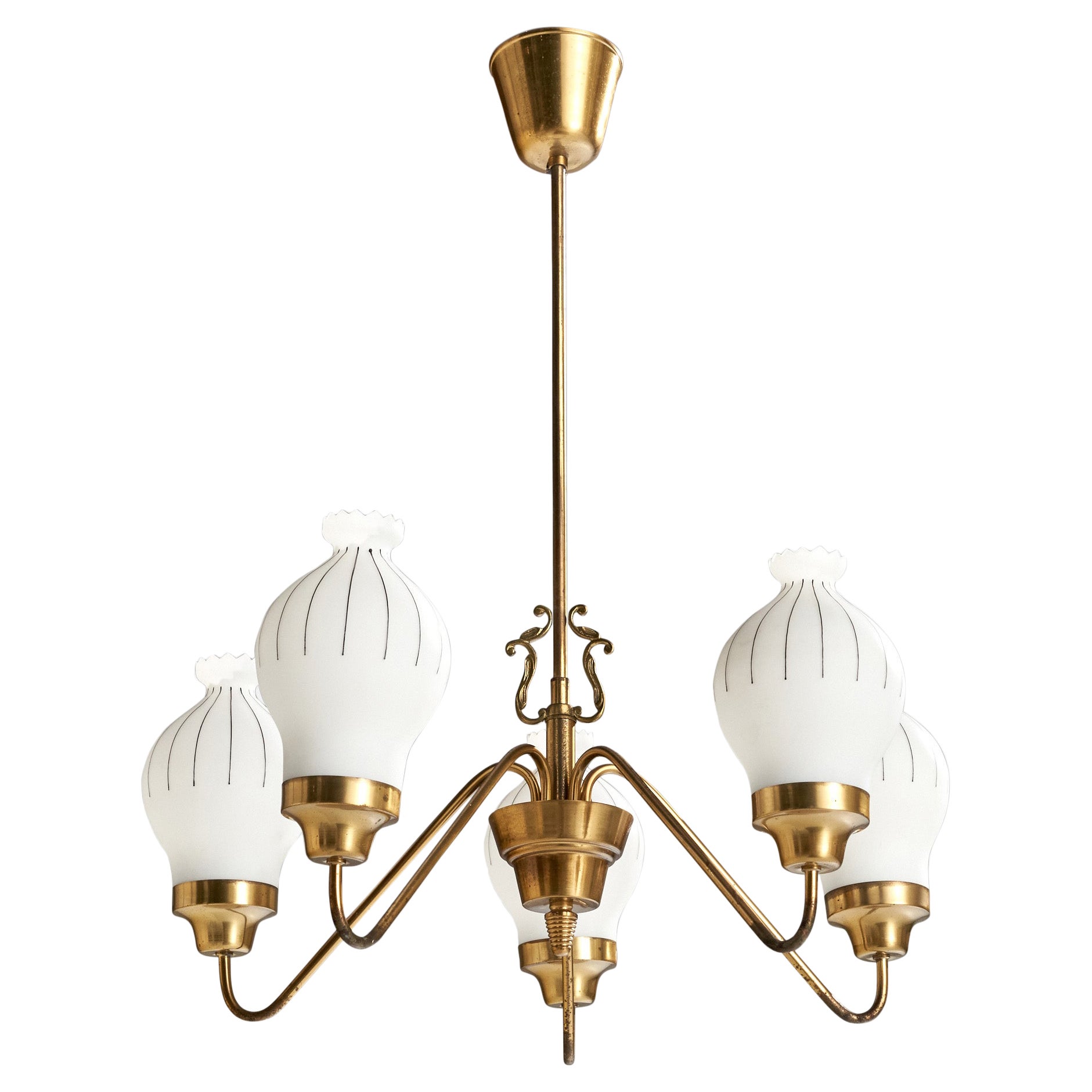 Swedish Designer, Chandelier, Brass, Glass, Sweden, 1940s