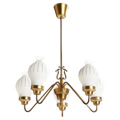Swedish Designer, Chandelier, Brass, Glass, Sweden, 1940s