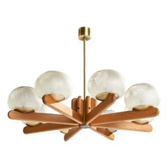 Danish Designer, Chandelier, Oak, Brass, Glass, Denmark, 1970s