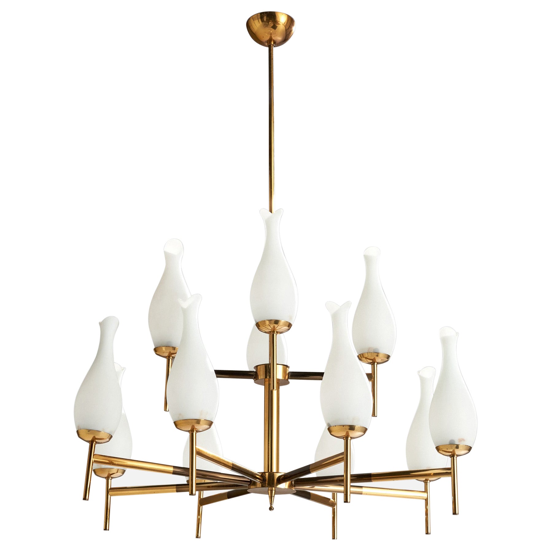 Italian Designer, Chandelier, Brass, Glass, Italy, 1950s
