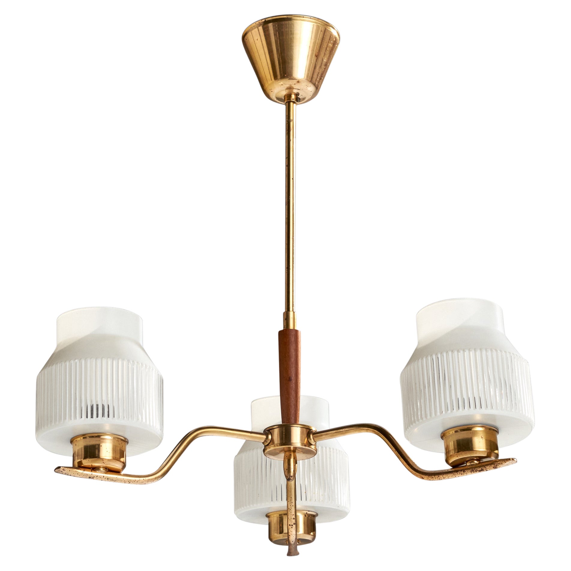 Swedish Designer, Chandelier, Brass, Wood, Glass, Sweden, 1950s For Sale