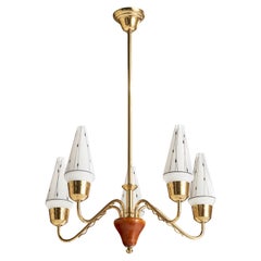 Swedish Designer, Chandelier Brass, Wood, Glass, Sweden, 1950s