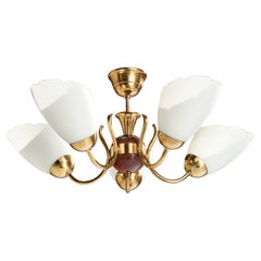 Swedish Designer, Chandelier, Brass, Wood, Sweden, 1950s