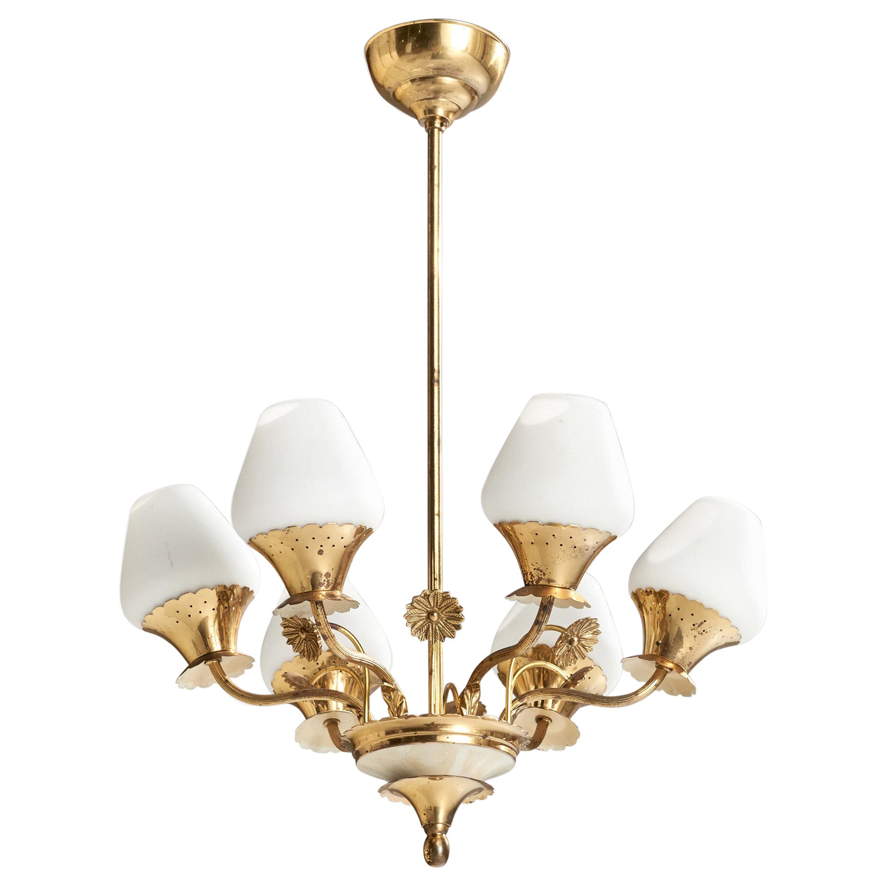 Swedish Designer, Chandelier, Brass, Glass, Sweden, 1940s