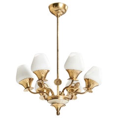 Swedish Designer, Chandelier, Brass, Glass, Sweden, 1940s