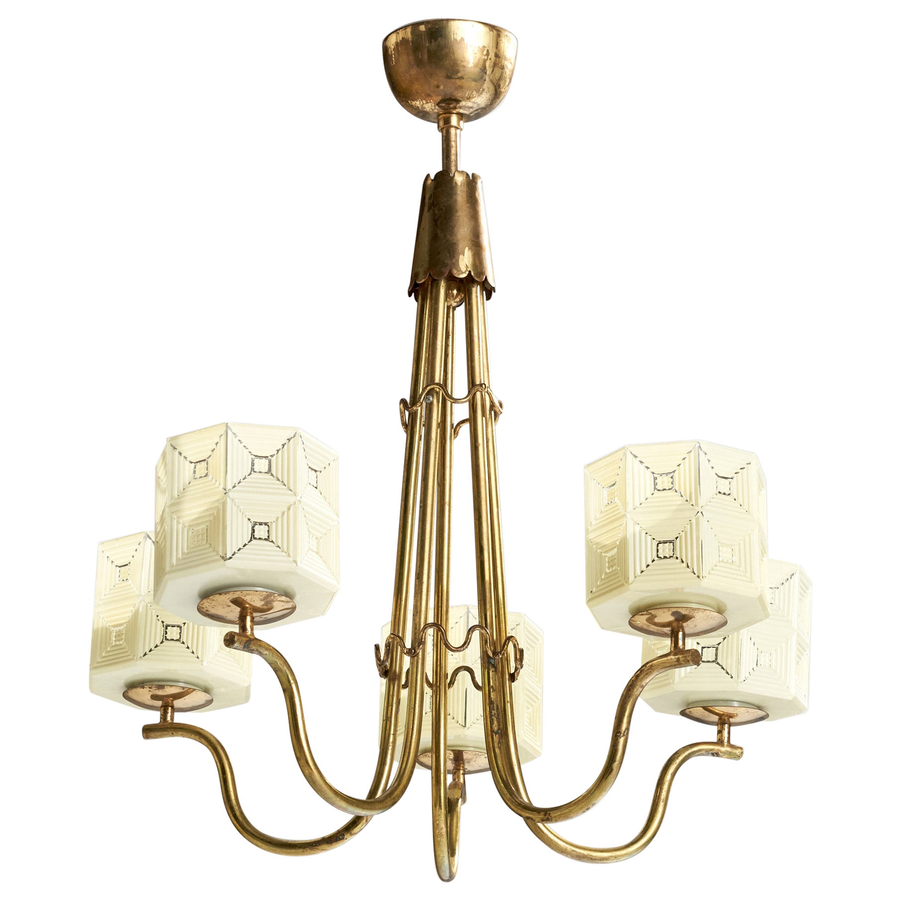 Swedish Designer, Chandelier, Brass, Glass, Sweden, 1950s