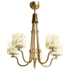 Swedish Designer, Chandelier, Brass, Glass, Sweden, 1950s
