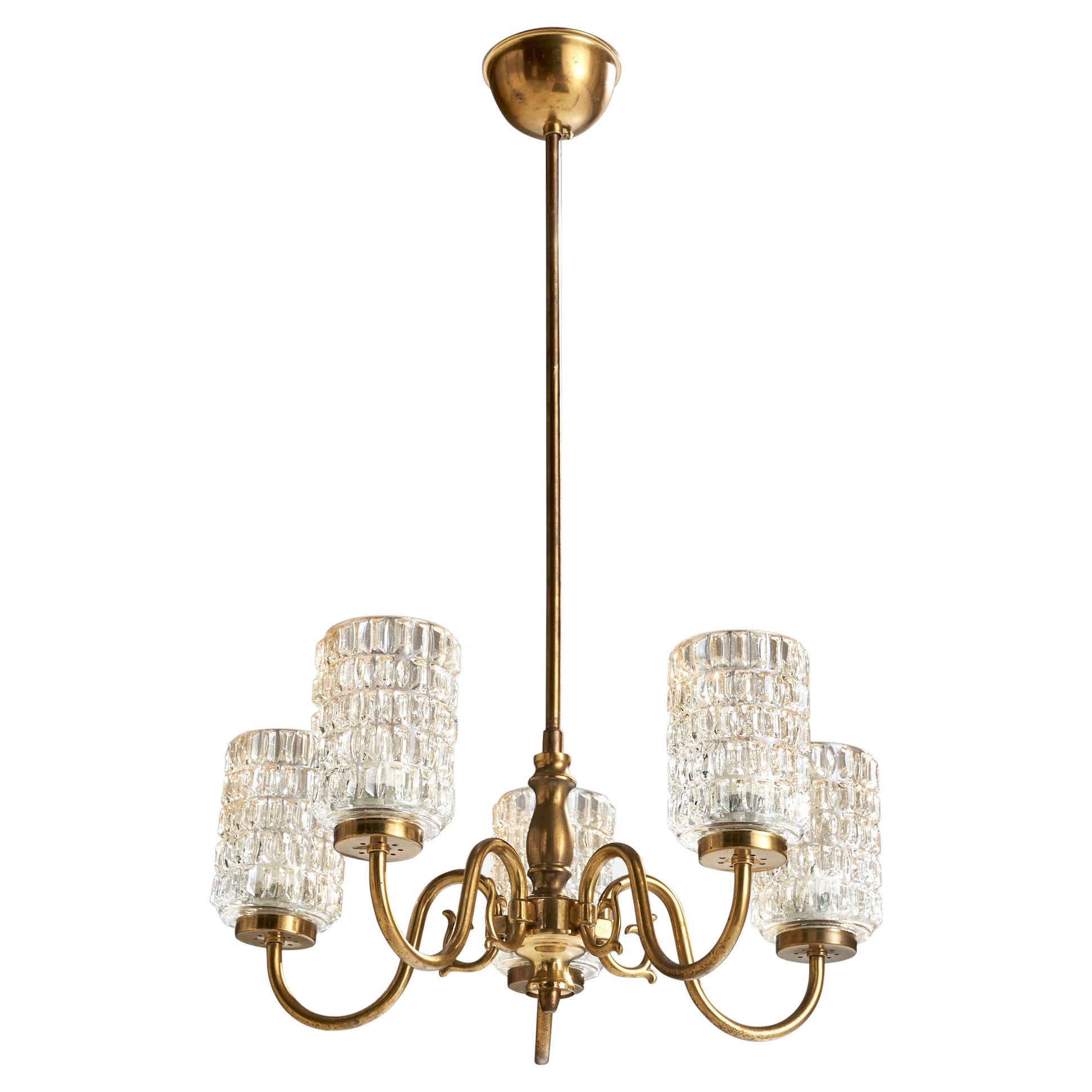 Swedish Designer, Chandelier, Brass, Glass, Sweden, 1950s