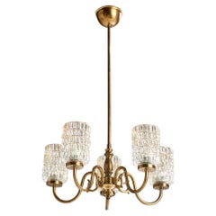 Swedish Designer, Chandelier, Brass, Glass, Sweden, 1950s