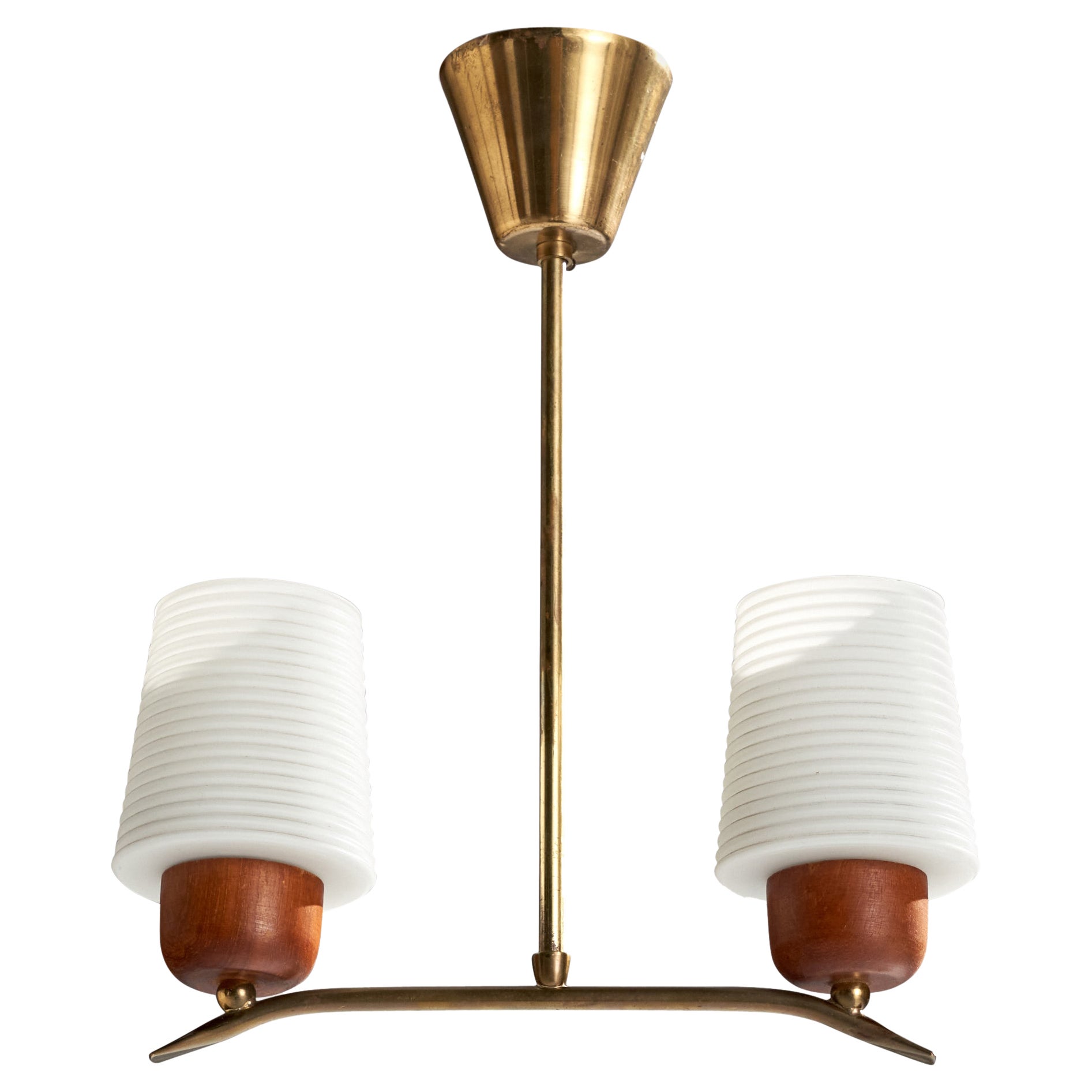 Swedish Designer, Chandelier, Brass, Teak, Glass, Sweden, 1950s