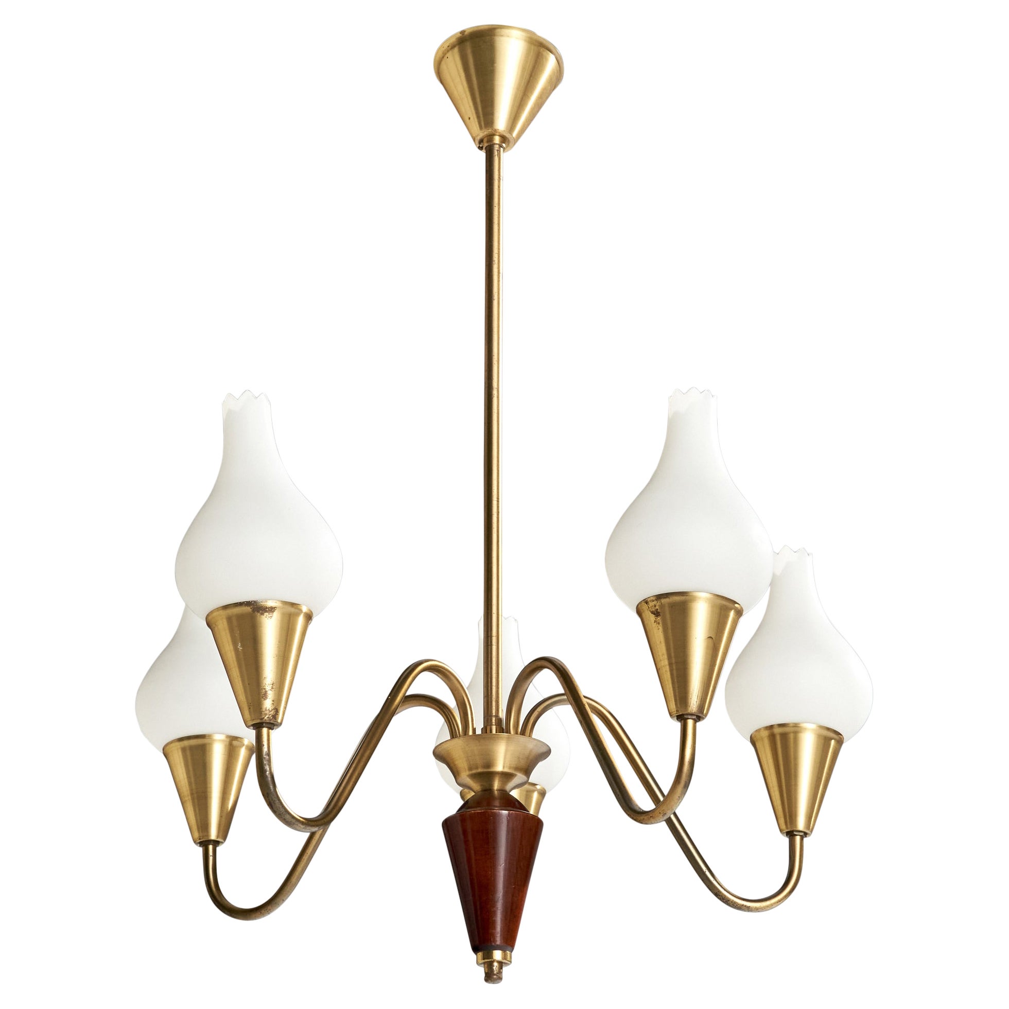 Swedish Designer, Chandelier, Brass, Wood, Glass, Sweden, 1950s