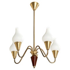 Swedish Designer, Chandelier, Brass, Wood, Glass, Sweden, 1950s