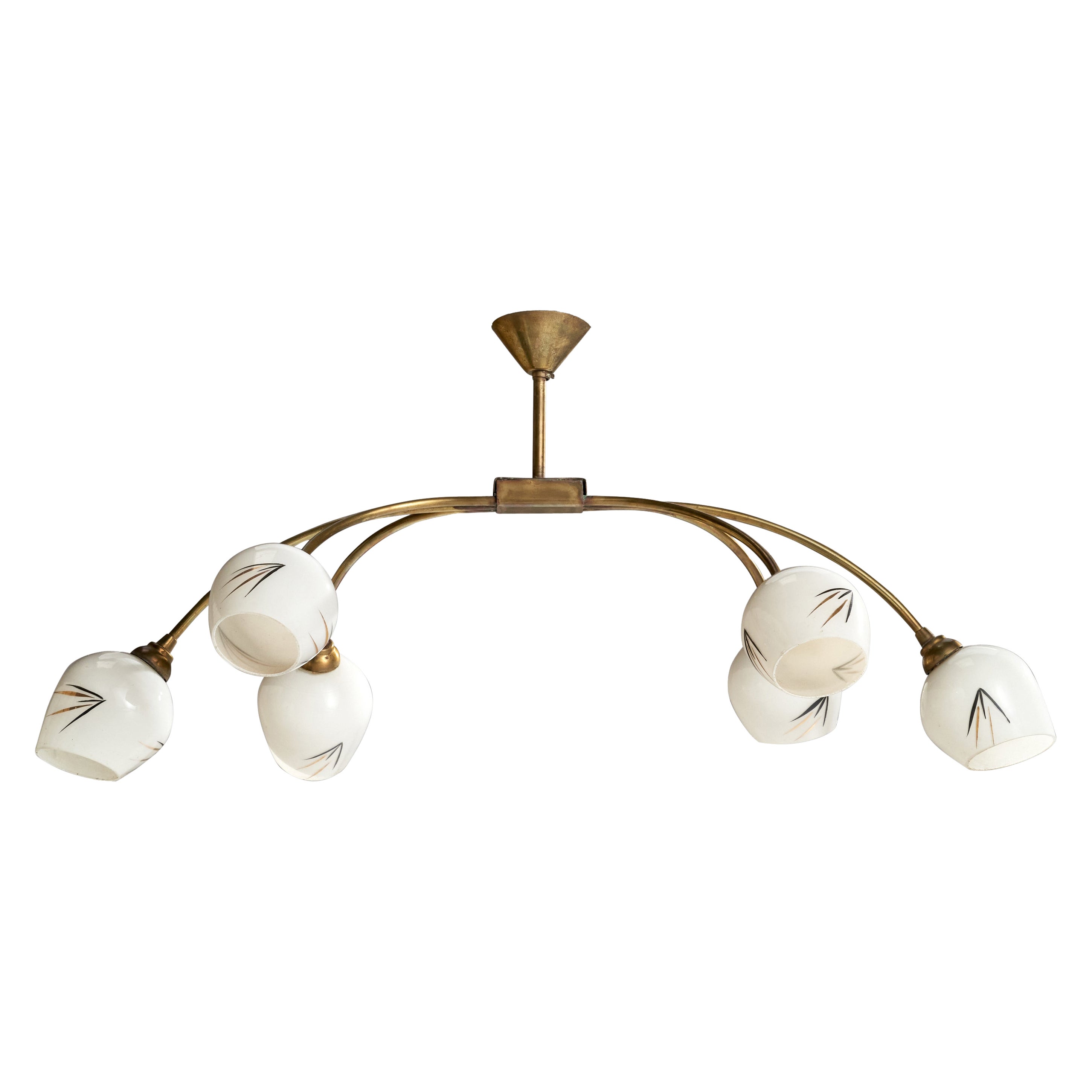 French Designer, Chandelier, Brass, Glass, France, 1950s