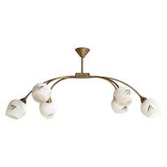 French Designer, Chandelier, Brass, Glass, France, 1950s