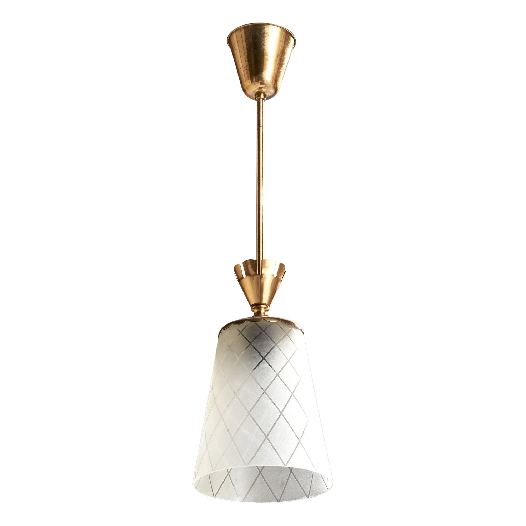Glössner & Co Attribution, Pendant Light, Brass, Glass, Sweden, 1940s