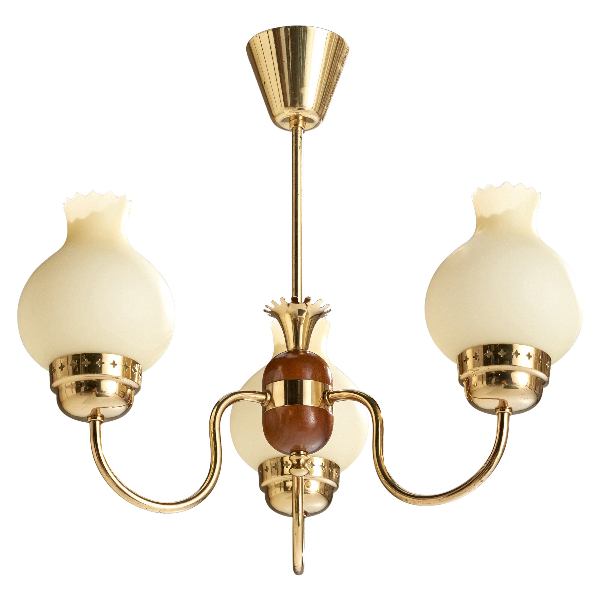 Swedish Designer, Chandelier, Brass, Wood, Glass, Sweden, 1950s