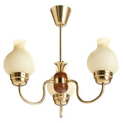 Swedish Designer, Chandelier, Brass, Wood, Glass, Sweden, 1950s