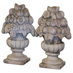 Vintage Pair Mid-Century French Carved Weathered Concrete Outdoor Vases with Fruit Decor