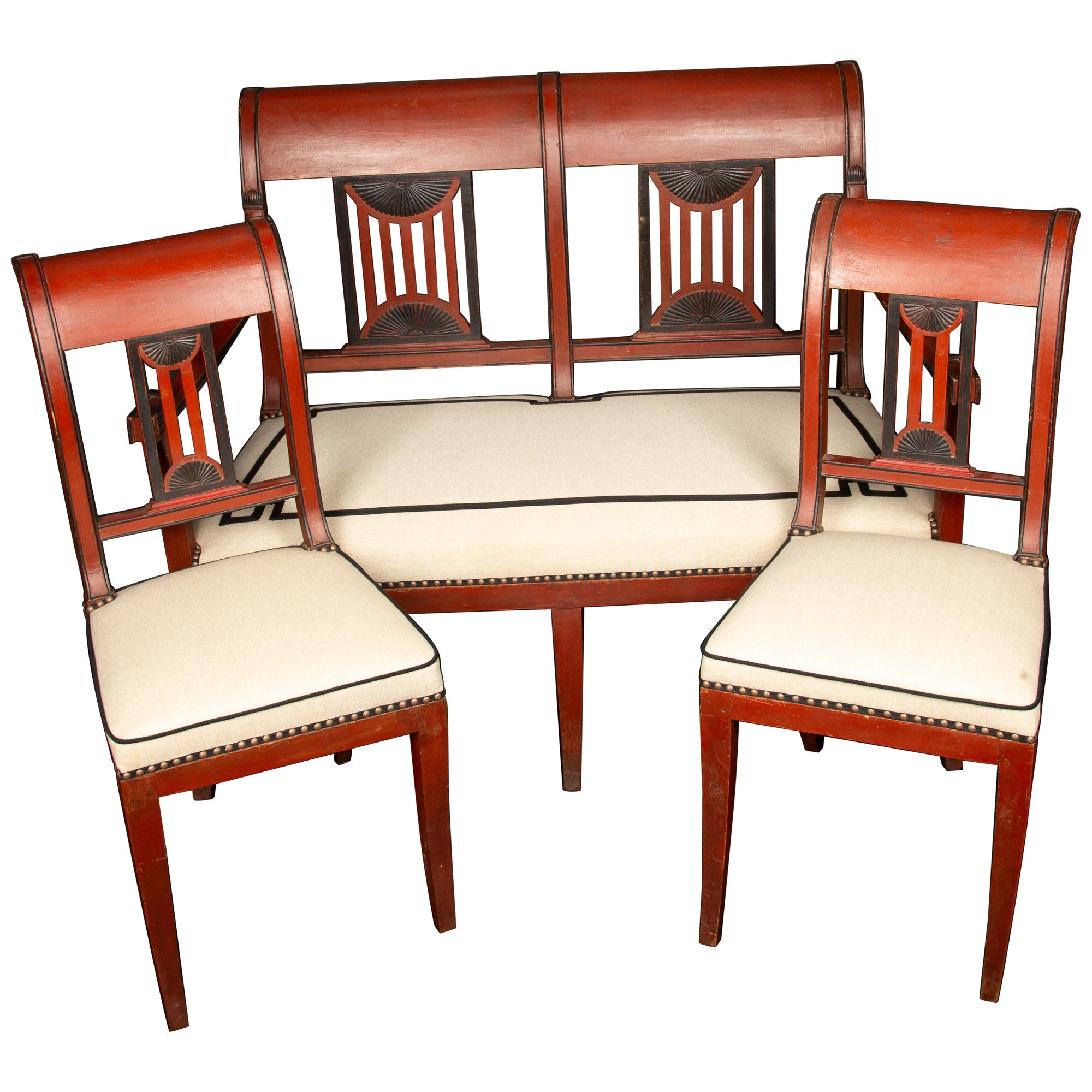 Directoire Periode Oxblood Salon Suite w / Saber Beine und Scrolled Backs, Late 18C im Angebot