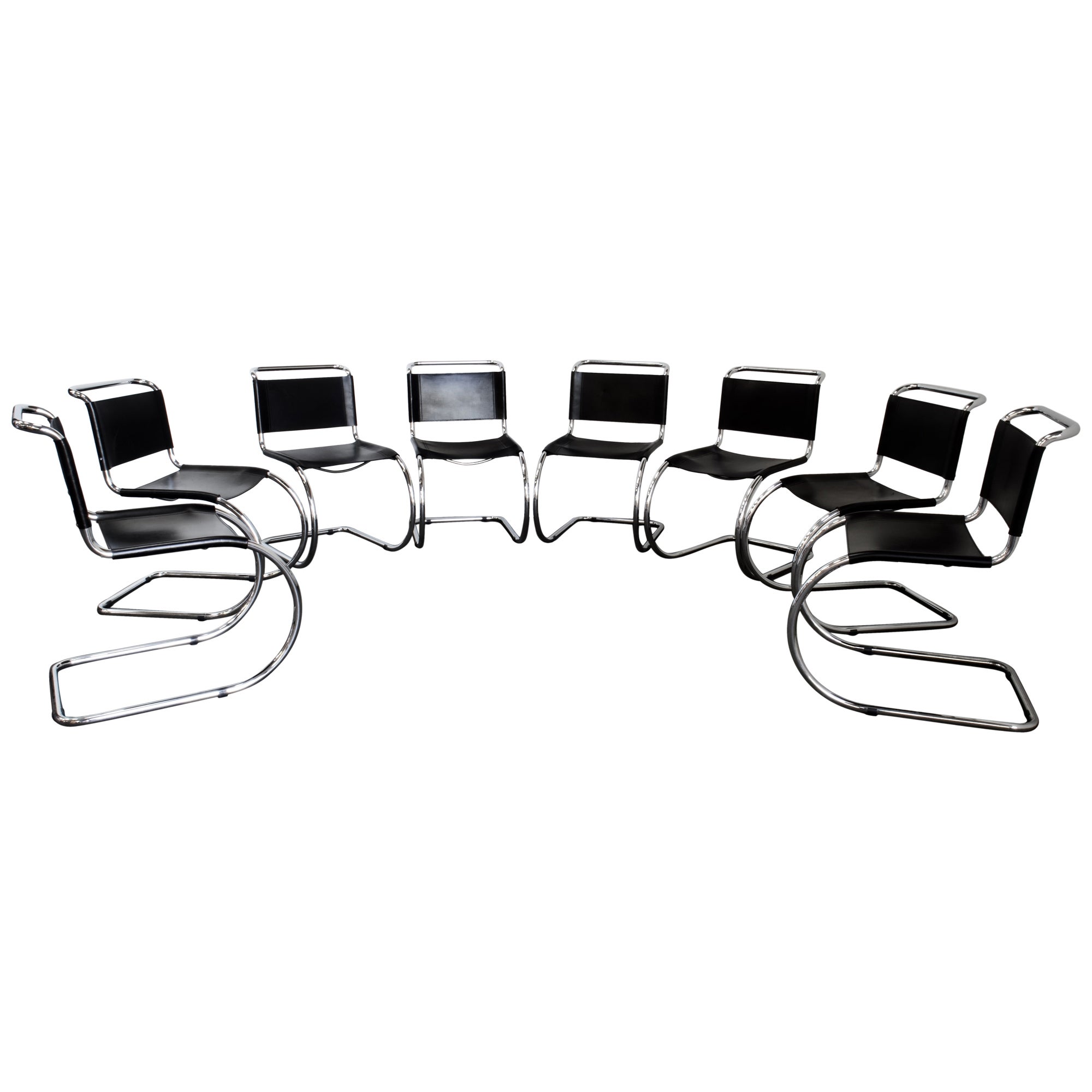 6 Mies van der Rohe Cantilever MR10 Chairs in Chrome & Black Saddle Leather
