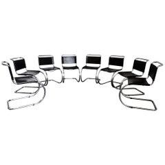 6 Mies van der Rohe Cantilever MR10 Chairs in Chrome & Black Saddle Leather