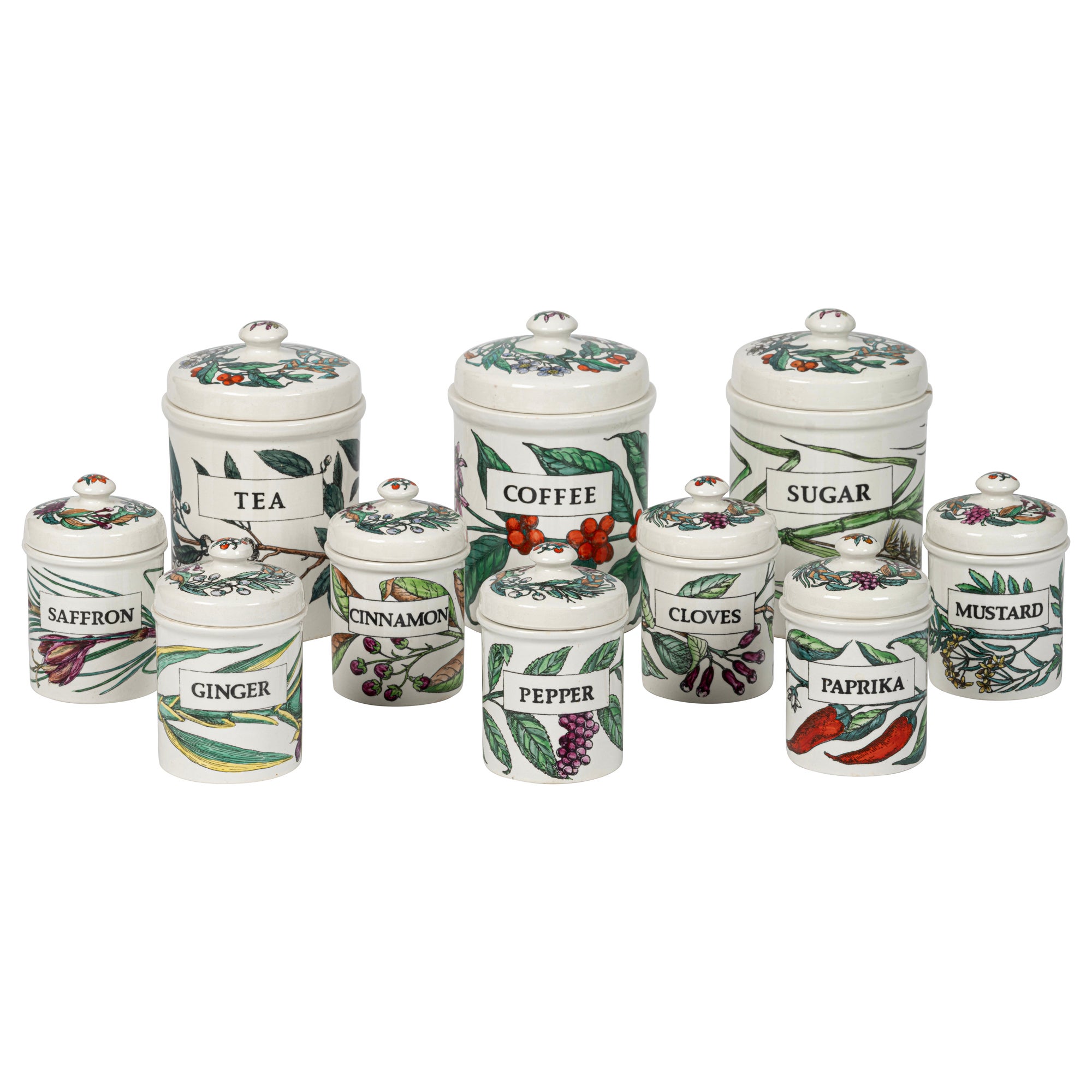 Set di 10 barattoli 'Spezie' in ceramica di Piero Fornasetti, Italia, circa 1960