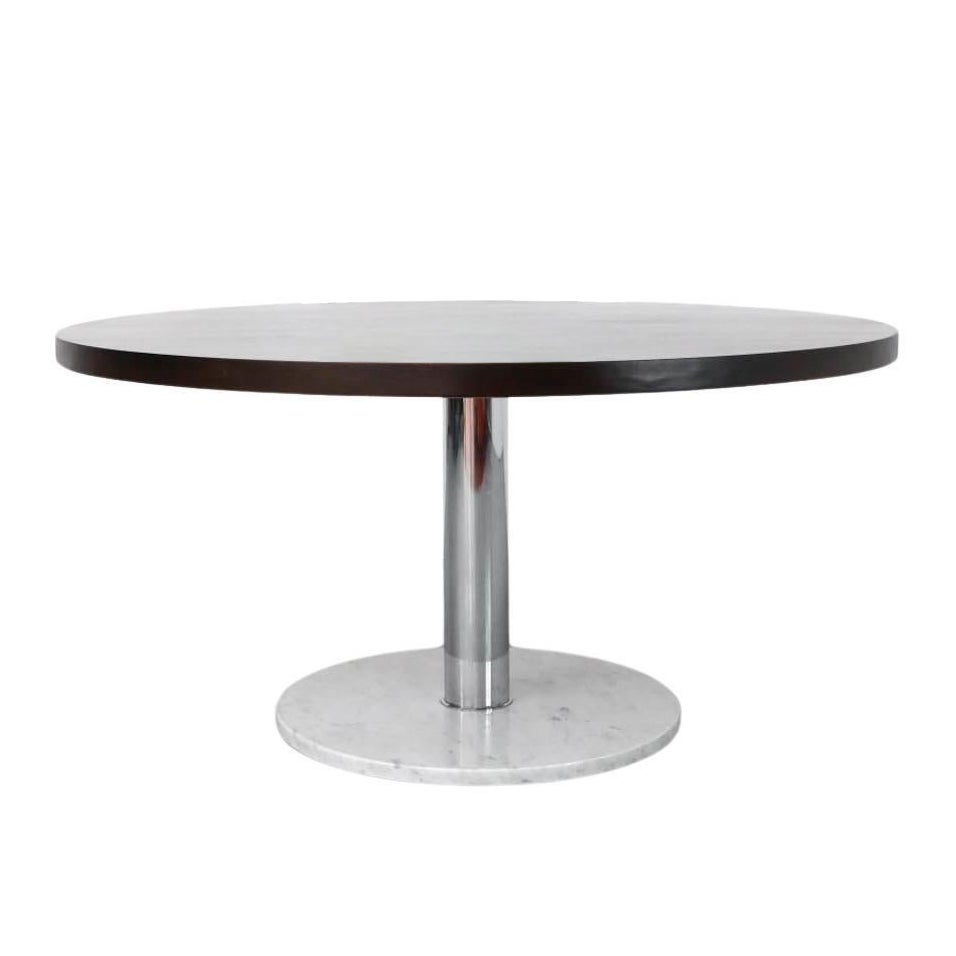 Fontana Arte Style Pedestal Table with Sunburst Wood Top & Chrome & Marble Base