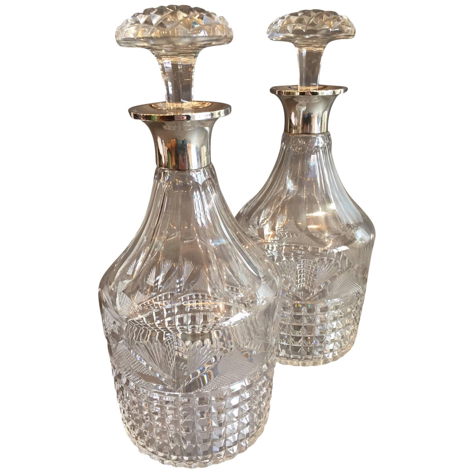1920s Pair of Round Neck English Silver Decanters