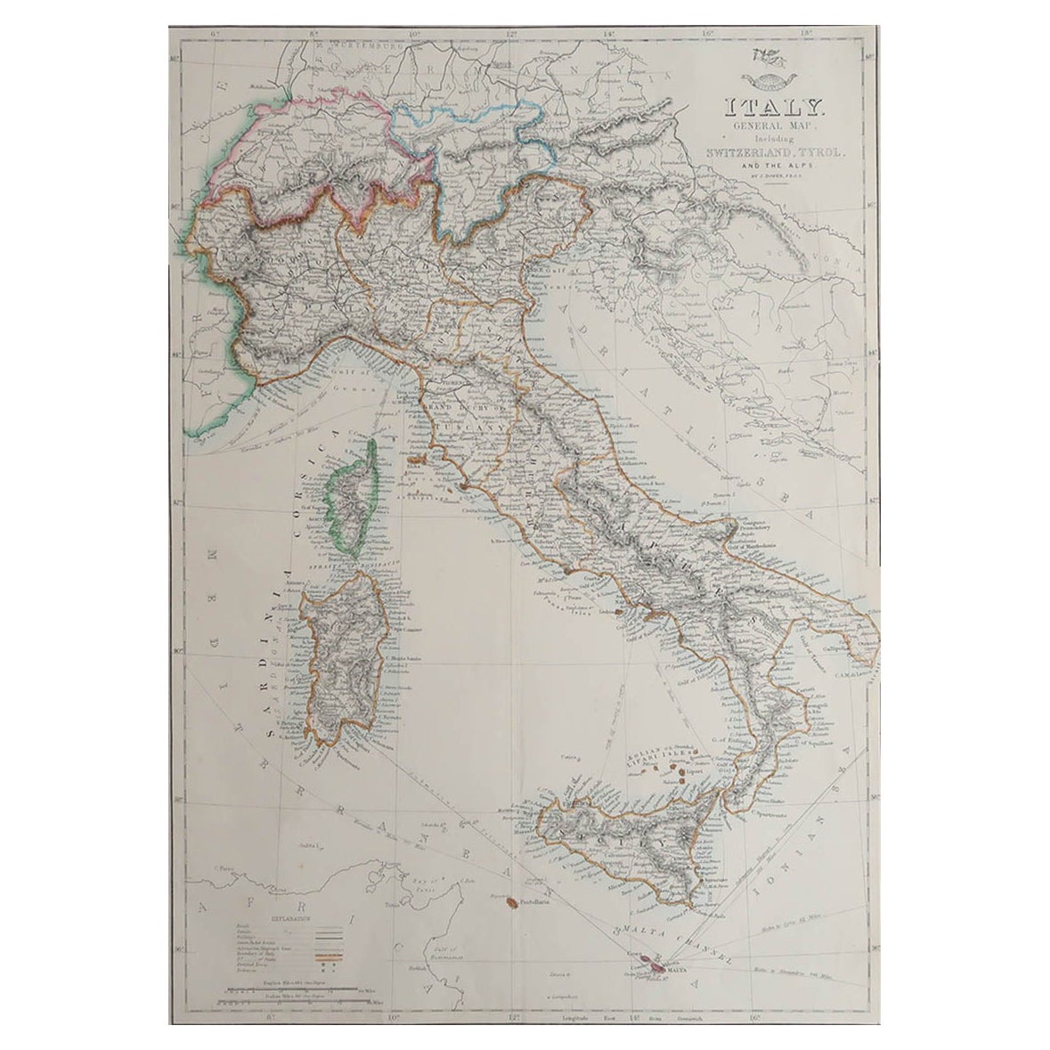 Große Original-Antike Italienkarte. John Dower, 1861
