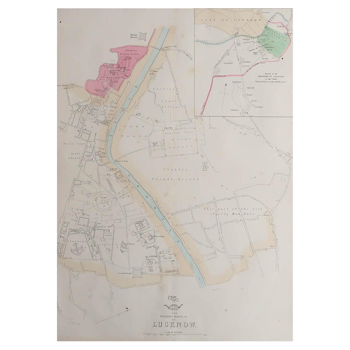 Large Original Antique City Plan of Lucknow, India. Edward Weller, 1861