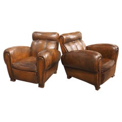 Pair of Large 1930s French Leather Club Armchairs